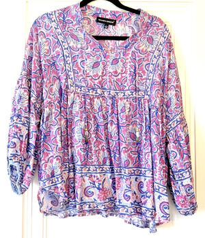 Grand & Greene Pink & Blue Floral Boho Blouse With Tassels